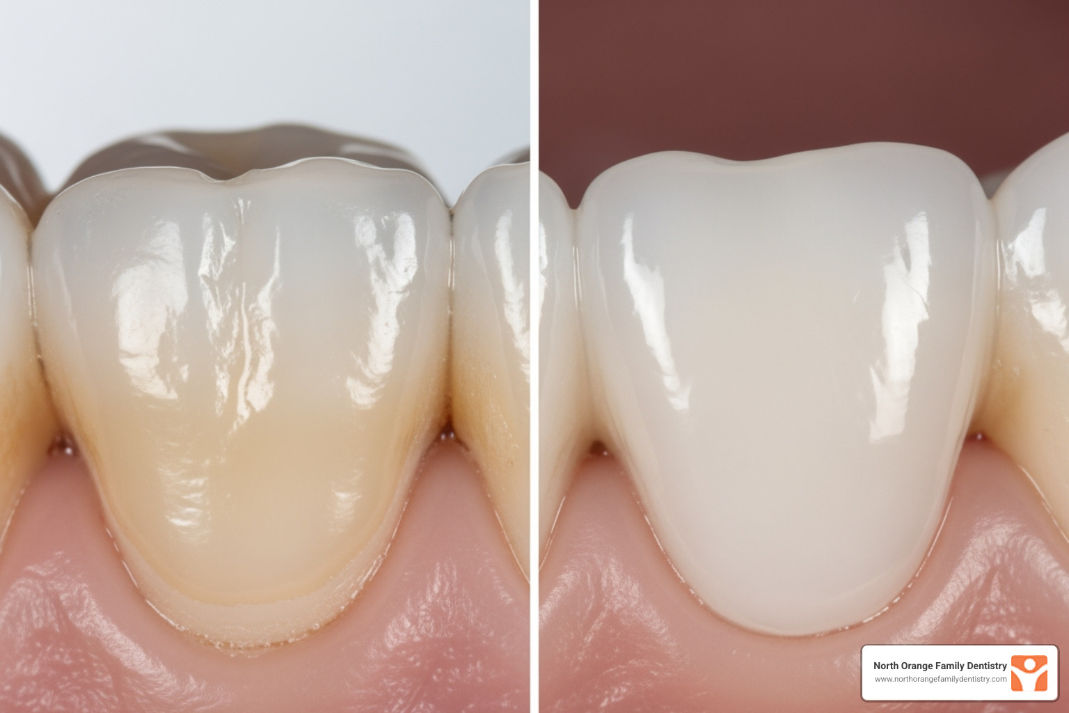 A split image showing a close-up of a tooth with dental bonding on one side, appearing slightly opaque, and a tooth with a porcelain veneer on the other side, exhibiting natural translucency and luster. - dental bonding versus veneers
