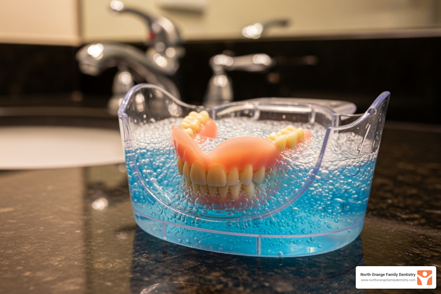 Dentures soaking in a special container overnight - Denture cleaning tips