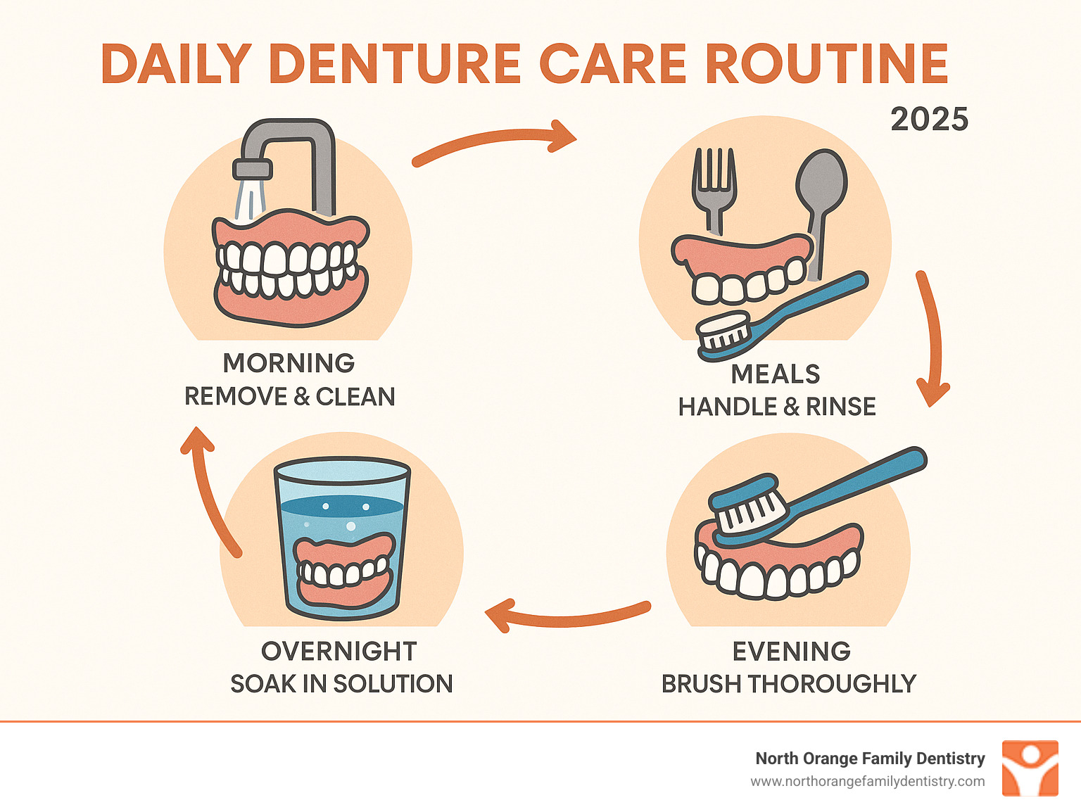 Daily denture care routine infographic showing the complete cycle: morning removal and cleaning, careful handling during meals with immediate rinsing, thorough evening brushing with soft-bristled brush and non-abrasive cleaner, overnight soaking in cleaning solution, and morning preparation for comfortable wear - Denture cleaning tips infographic 