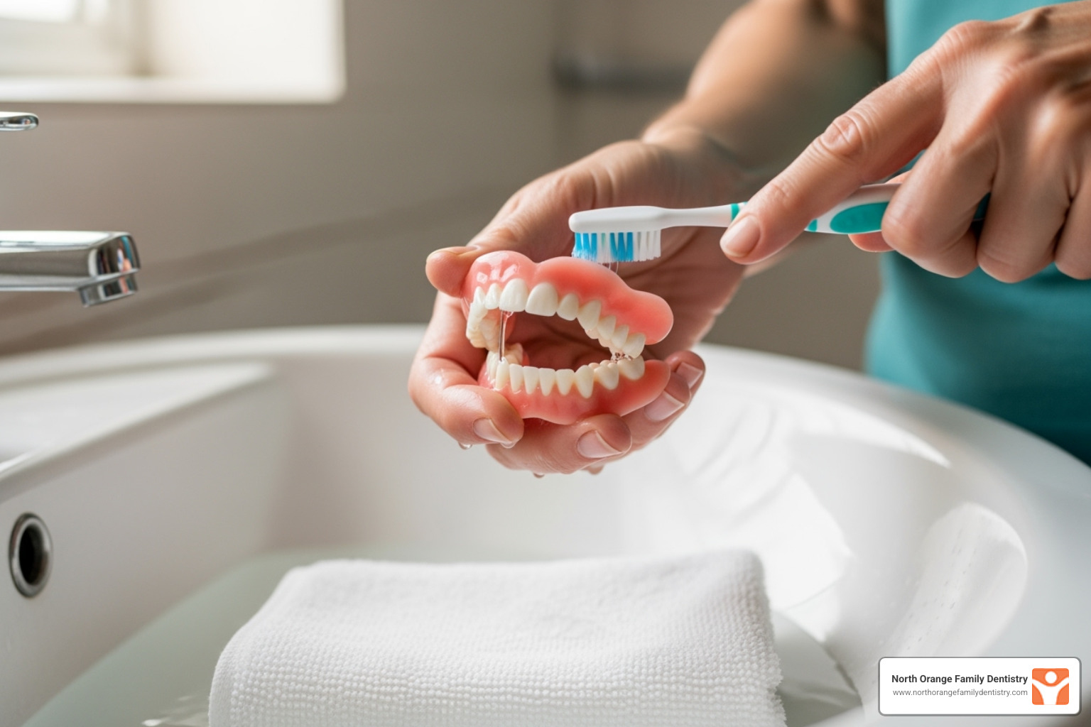 Person carefully brushing dentures over a sink filled with water and a towel - Denture cleaning tips