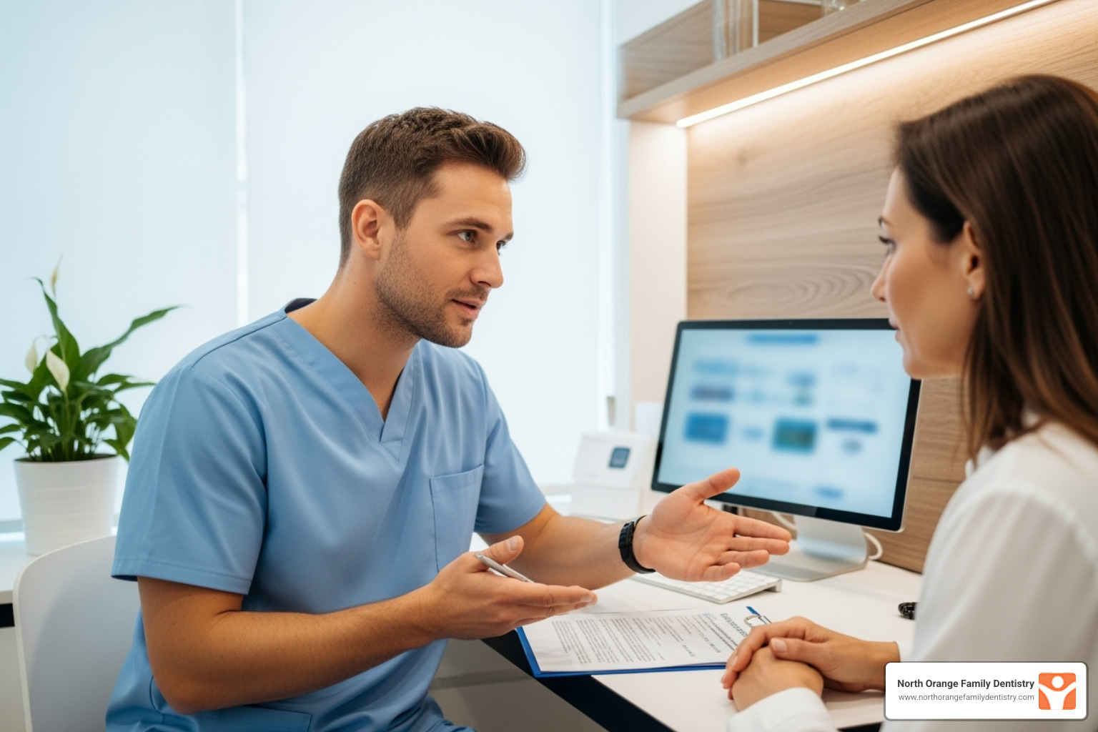 Dentist consulting with a patient about treatment costs - dental bonding gap cost