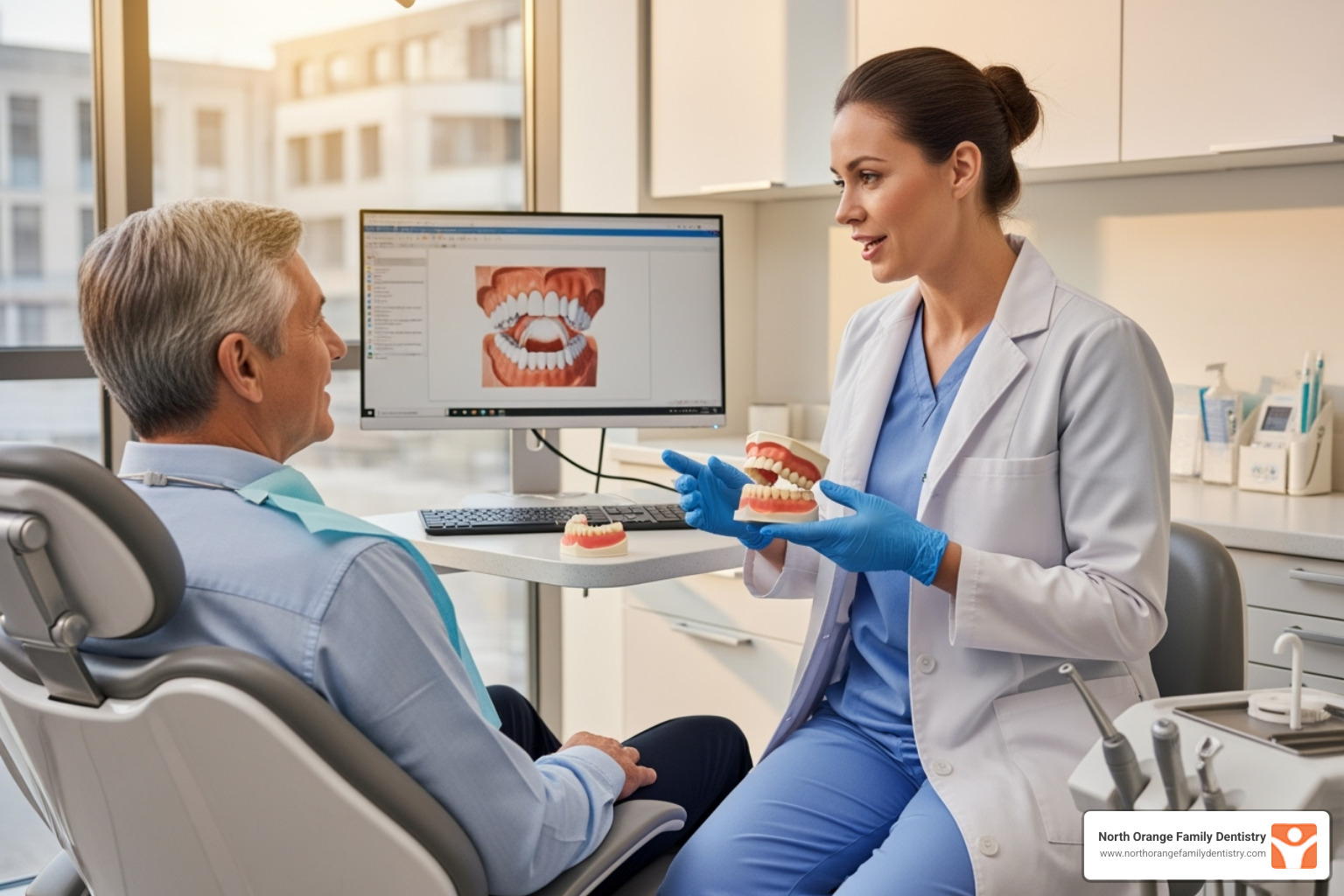 Image of a patient consulting with a dentist about their denture options - Denture relining cost