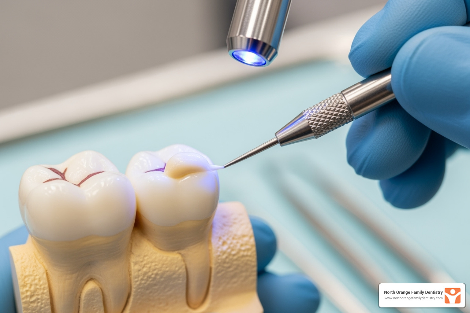 dental bonding process showing resin being applied to a tooth model - Is dental bonding painful