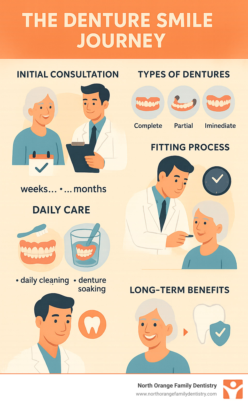 Comprehensive infographic showing the denture smile journey from initial consultation through daily care, including types of dentures (complete, partial, immediate), the fitting process timeline, daily maintenance steps, and long-term benefits for facial support and oral health - denture smile infographic Comprehensive infographic showing the denture smile journey from initial consultation through daily care, including types of dentures (complete, partial, immediate), the fitting process timeline, daily maintenance steps, and long-term benefits for facial support and oral health - denture smile infographic