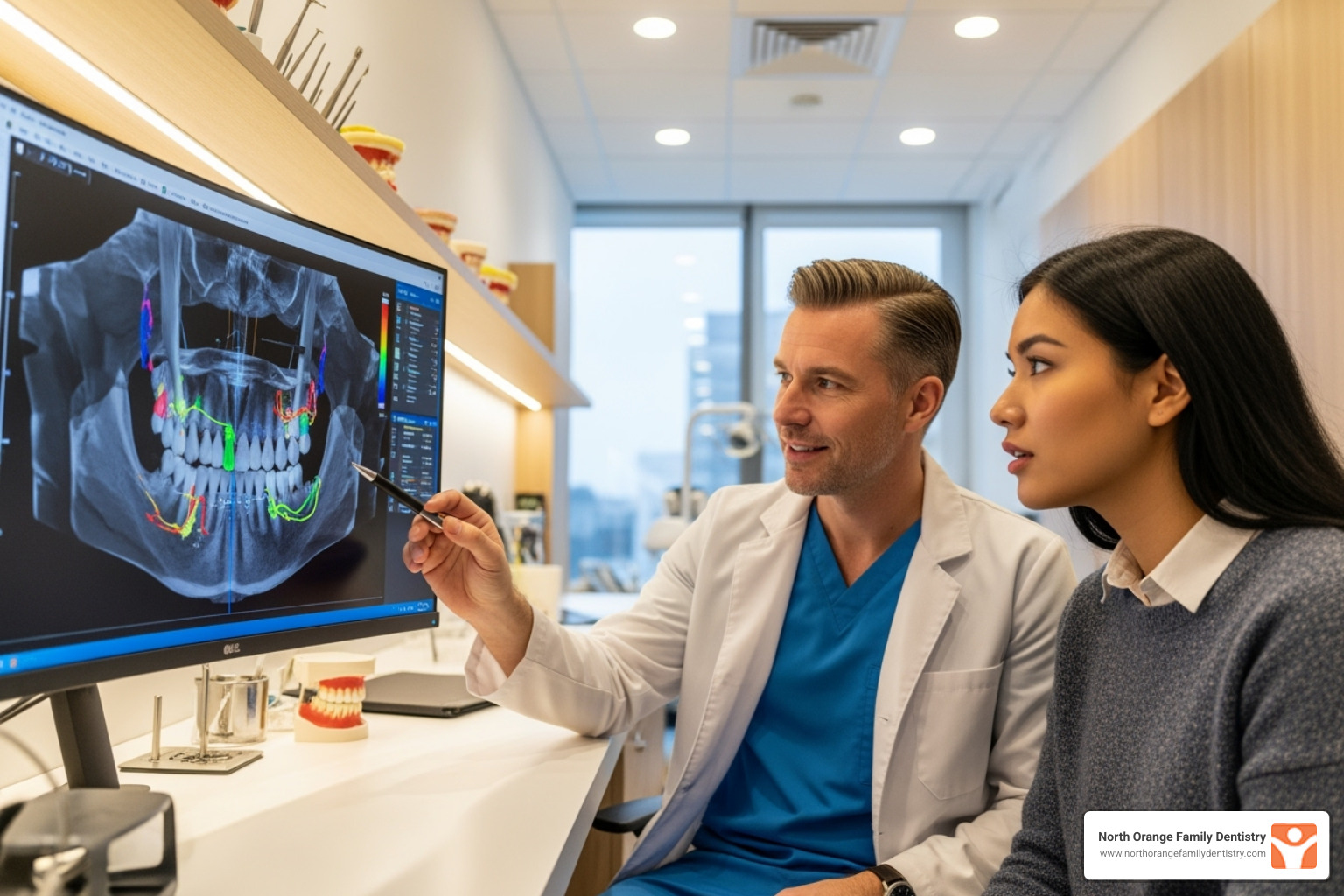 dentist explaining a 3D dental scan to a patient - affordable dental implants and dentures near me