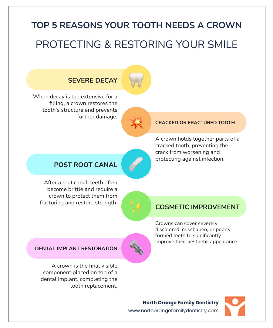 Infographic showing the top 5 reasons a tooth needs a crown: severe decay beyond filling repair, cracked or fractured tooth structure, weakened tooth after root canal therapy, cosmetic improvement for severely discolored teeth, and capping a dental implant - affordable tooth crown infographic infographic-line-5-steps-colors Infographic showing the top 5 reasons a tooth needs a crown: severe decay beyond filling repair, cracked or fractured tooth structure, weakened tooth after root canal therapy, cosmetic improvement for severely discolored teeth, and capping a dental implant - affordable tooth crown infographic infographic-line-5-steps-colors