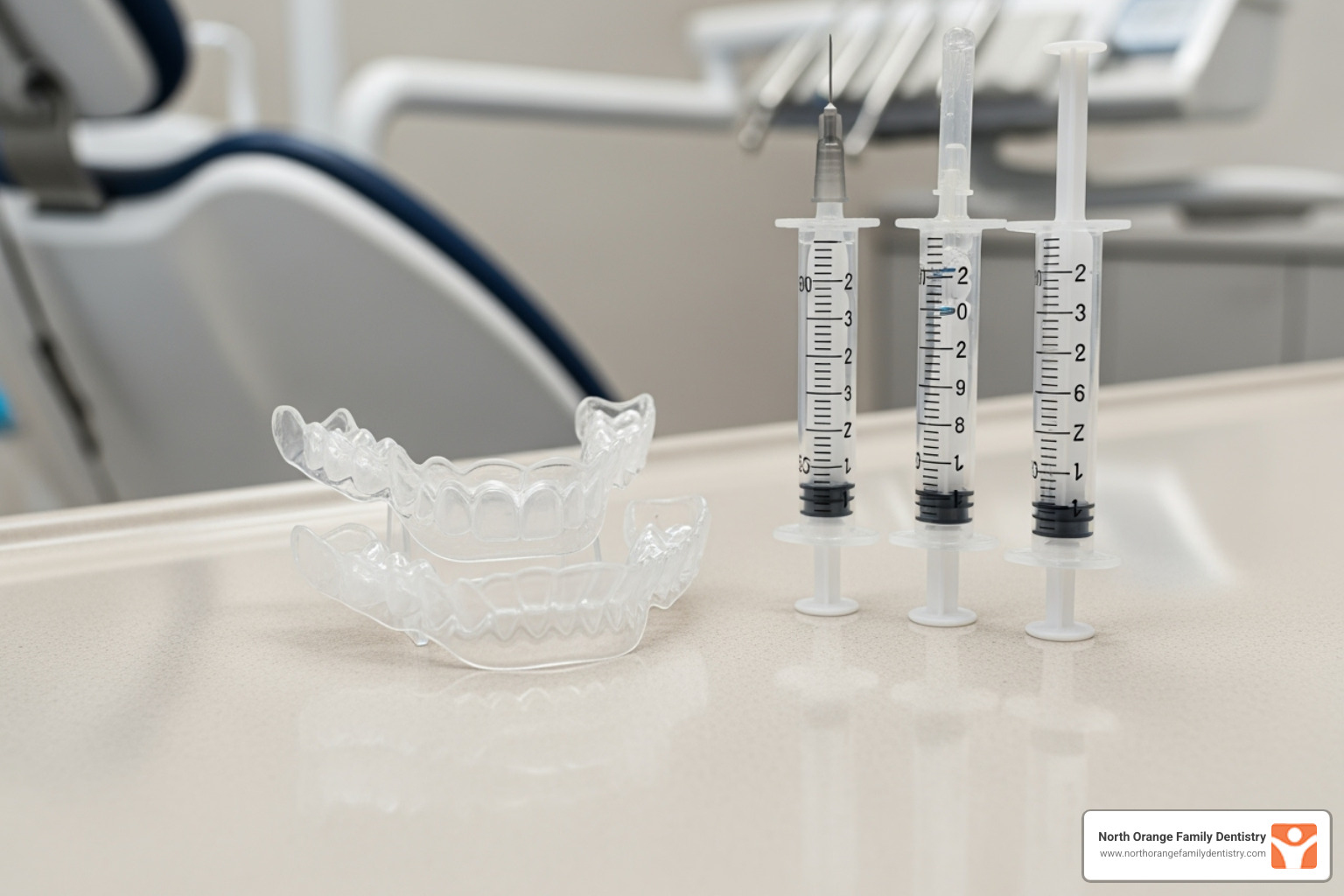 Custom-fit whitening trays and professional gel syringes, neatly arranged on a dental counter - dental teeth whitening