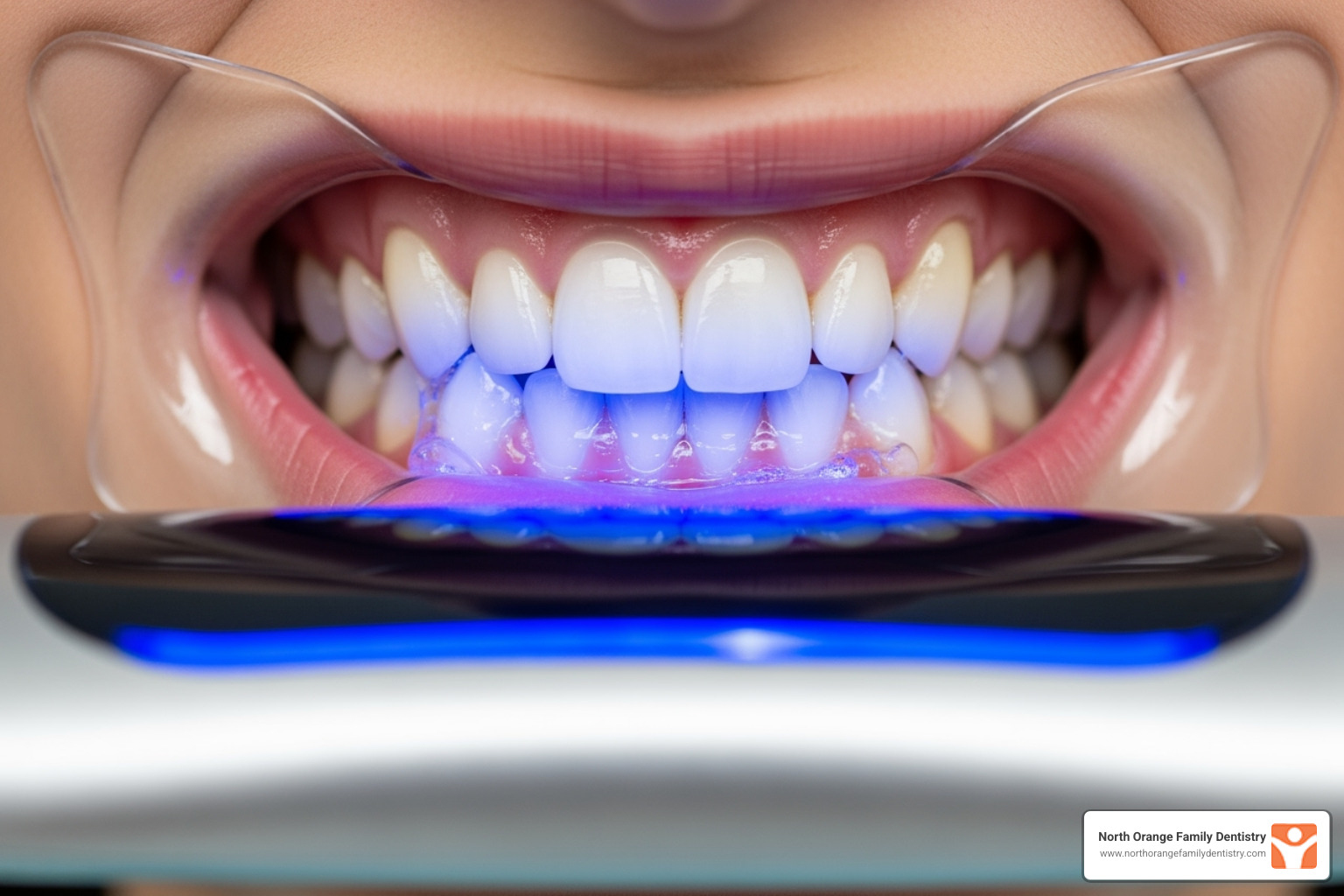 A dental professional applying whitening gel to a patient's teeth in a clinical setting, with a protective barrier around the gums - dental teeth whitening
