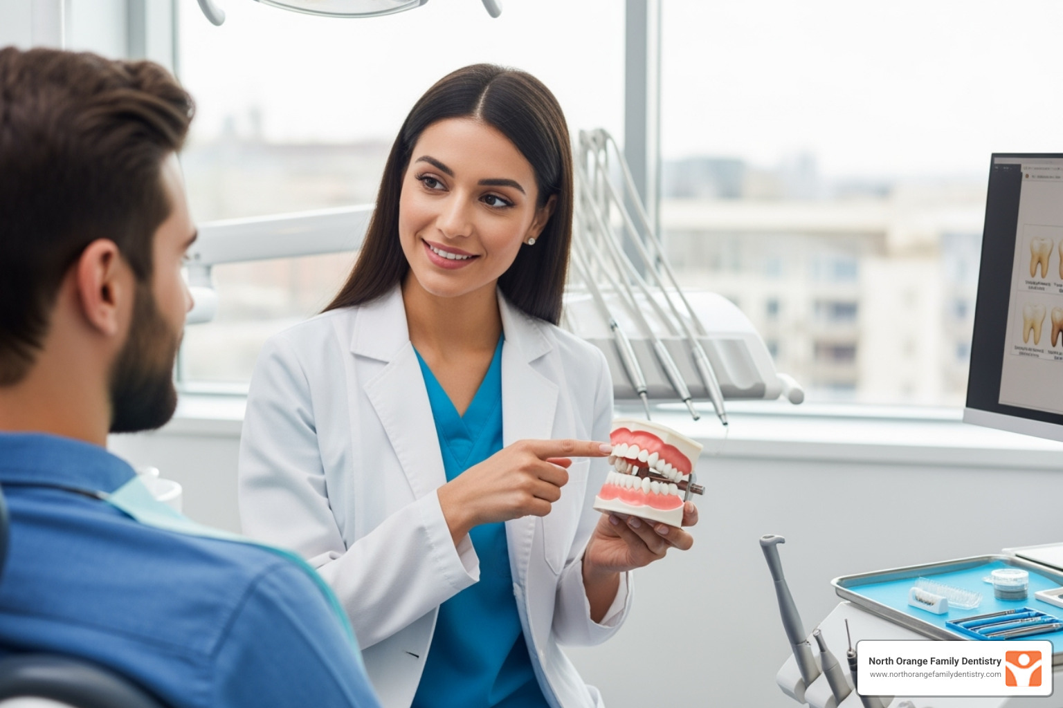 A friendly dentist consulting with a patient about teeth whitening options, pointing to a dental model - dental teeth whitening