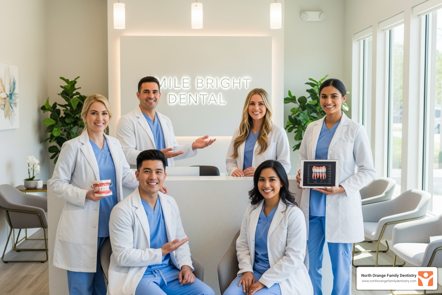 The North Orange Family Dentistry team smiling warmly in their modern dental office - dental teeth whitening