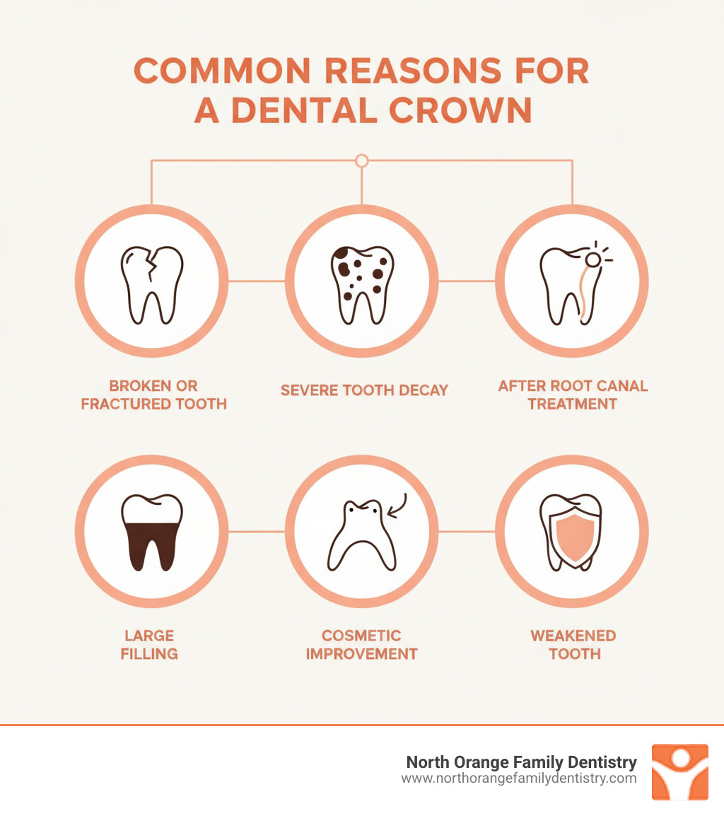 Infographic showing the common reasons for needing a dental crown. - dental crowns near me infographic 