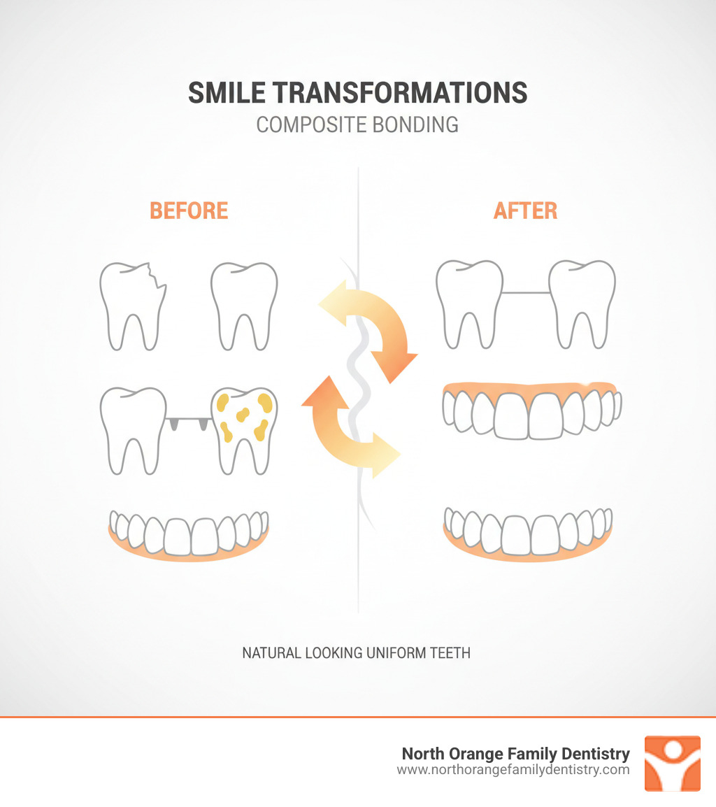 Infographic showing before and after comparison of common dental issues fixed with composite bonding, including chipped front teeth, gaps between teeth, discolored spots, and minor shape irregularities, with arrows showing the change to natural-looking, uniform teeth - composite bonding price infographic 