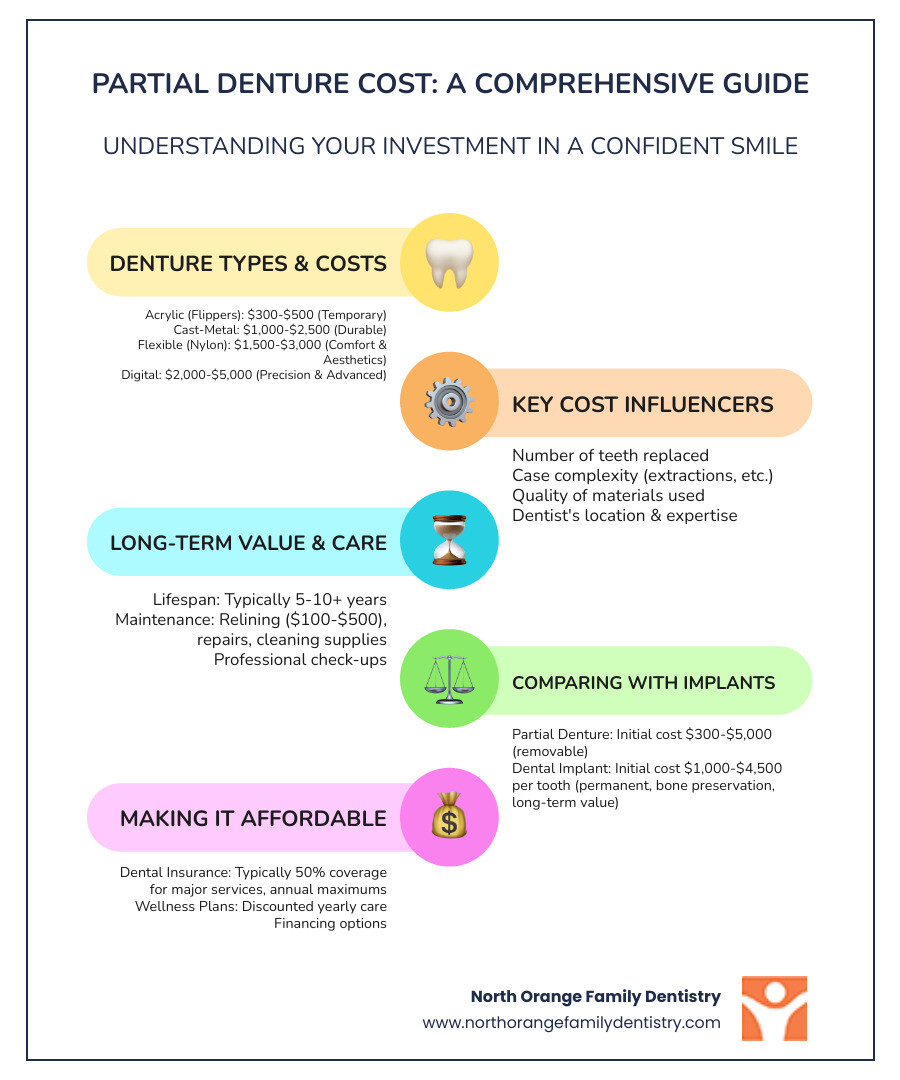 Comprehensive infographic showing partial denture types, average cost ranges for acrylic/metal/flexible options, factors affecting pricing like number of teeth and case complexity, comparison with dental implants, insurance coverage basics, and maintenance costs over typical 5-10 year lifespan - Partial dentures cost infographic infographic-line-5-steps-colors