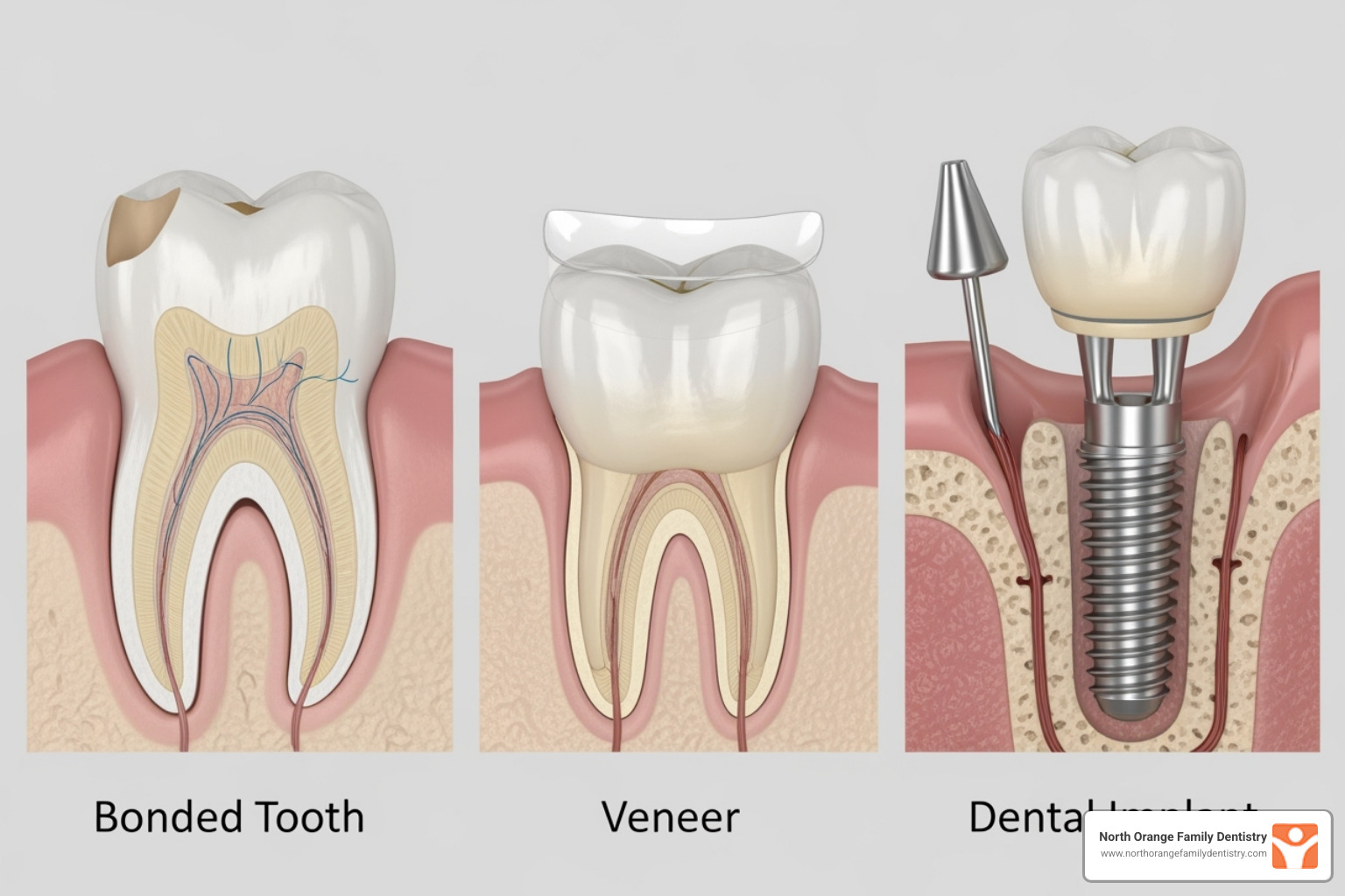 A side-by-side comparison of a bonded tooth, a veneer, and a dental implant - resin bonded bridge price