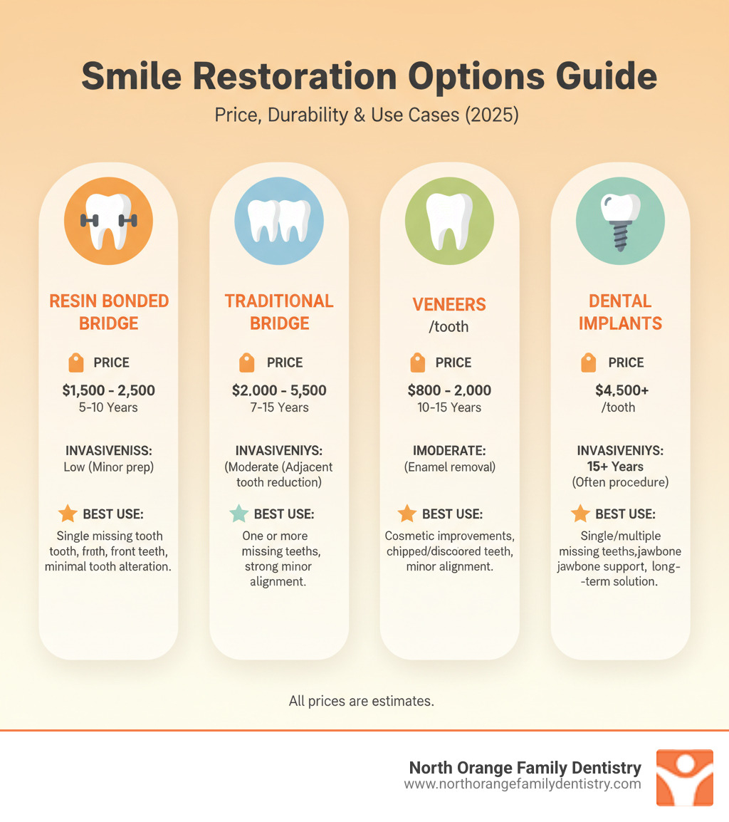 Infographic comparing resin bonded bridges, traditional bridges, veneers, and dental implants showing price ranges, durability (5-15 years), invasiveness level, and best use cases for each option - resin bonded bridge price infographic 