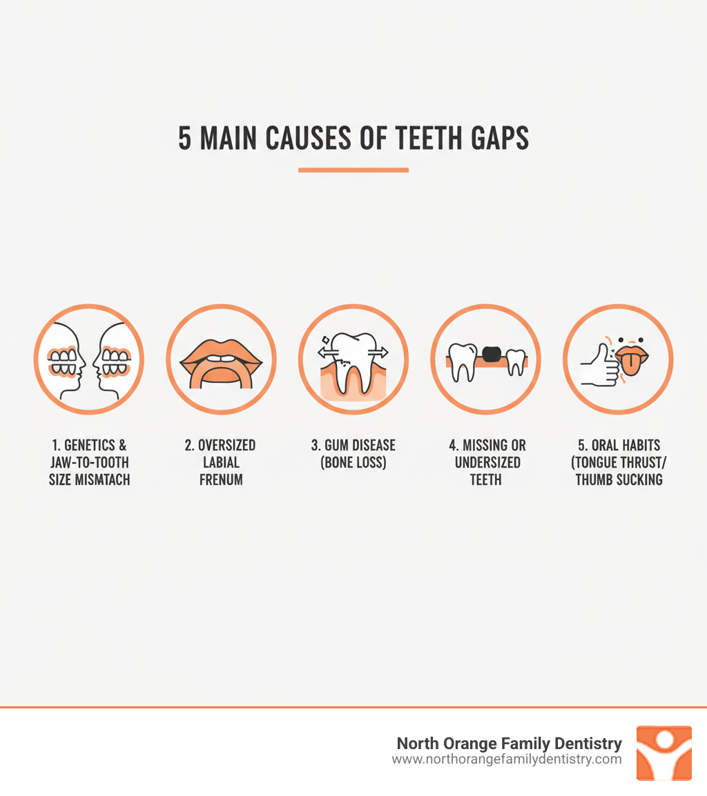 Infographic showing the five main causes of teeth gaps: 1) Genetics and jaw-to-tooth size mismatch, 2) Oversized labial frenum (tissue between lip and gums), 3) Gum disease causing bone loss and tooth shifting, 4) Missing or undersized teeth creating extra space, 5) Oral habits like tongue thrusting or thumb sucking - Gaps between teeth infographic  Infographic showing the five main causes of teeth gaps: 1) Genetics and jaw-to-tooth size mismatch, 2) Oversized labial frenum (tissue between lip and gums), 3) Gum disease causing bone loss and tooth shifting, 4) Missing or undersized teeth creating extra space, 5) Oral habits like tongue thrusting or thumb sucking - Gaps between teeth infographic