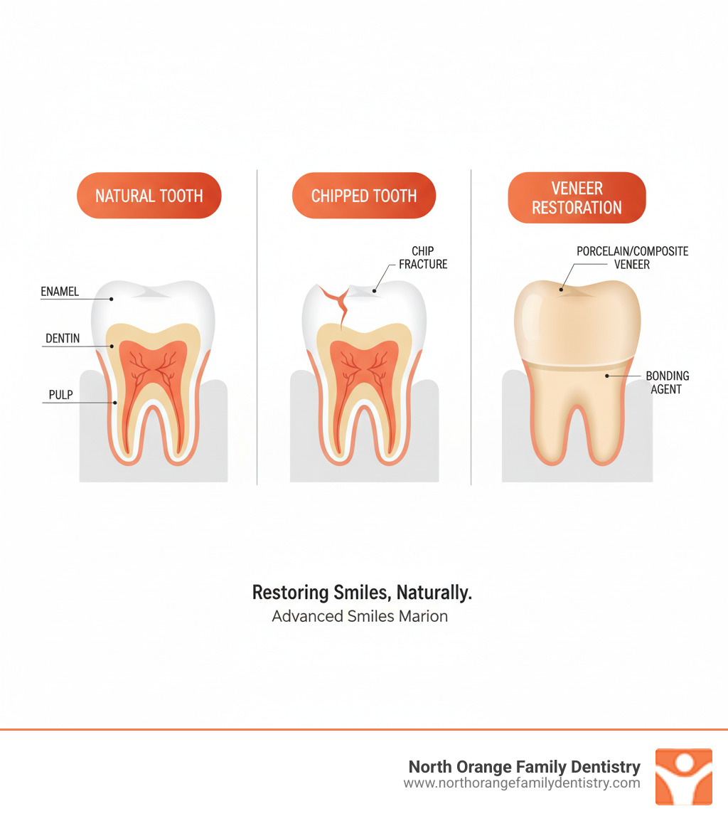 Infographic showing a cross-section comparison of a natural tooth, a chipped tooth, and a tooth restored with a veneer, illustrating how the thin porcelain or composite shell bonds to the front surface to cover the chip and restore the tooth's natural appearance and shape - chipped tooth veneers infographic  Infographic showing a cross-section comparison of a natural tooth, a chipped tooth, and a tooth restored with a veneer, illustrating how the thin porcelain or composite shell bonds to the front surface to cover the chip and restore the tooth's natural appearance and shape - chipped tooth veneers infographic