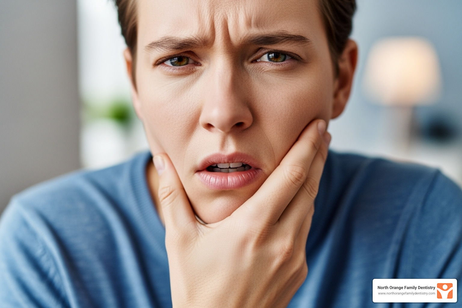 A person holding their jaw, indicating severe tooth pain, with a concerned expression - dental root canal