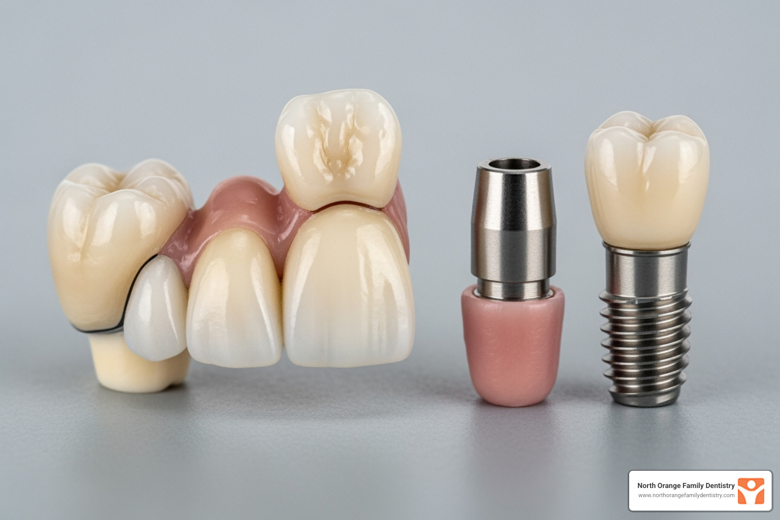 dental bridge and a single-tooth dental implant - artificial teeth types