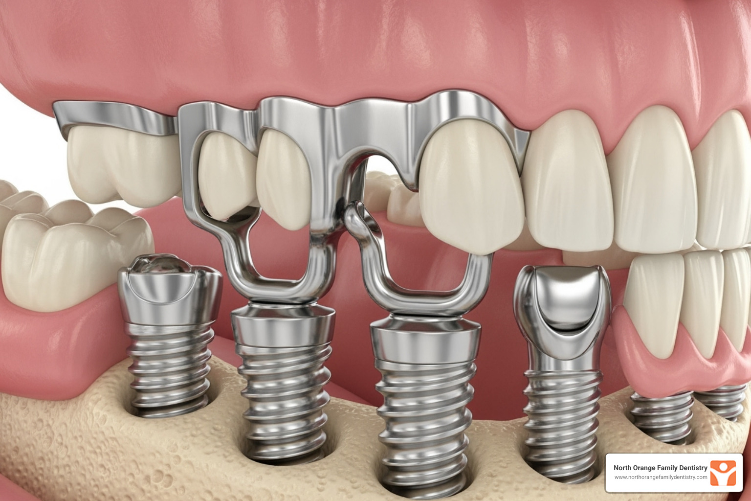 implant-supported denture snaps onto implants in the jaw - artificial teeth types