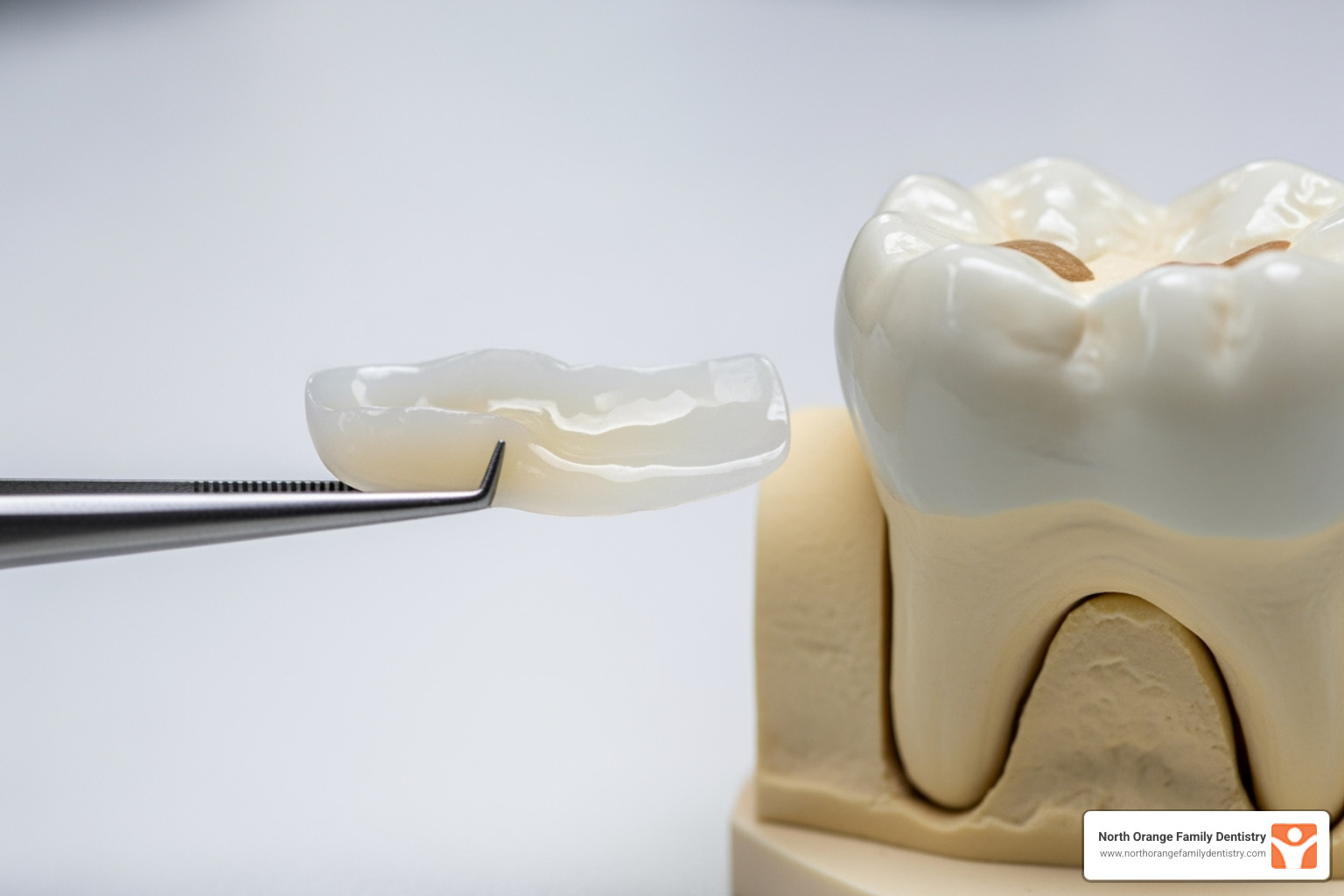 dental veneer being held with tweezers next to a model of a tooth - single tooth veneers