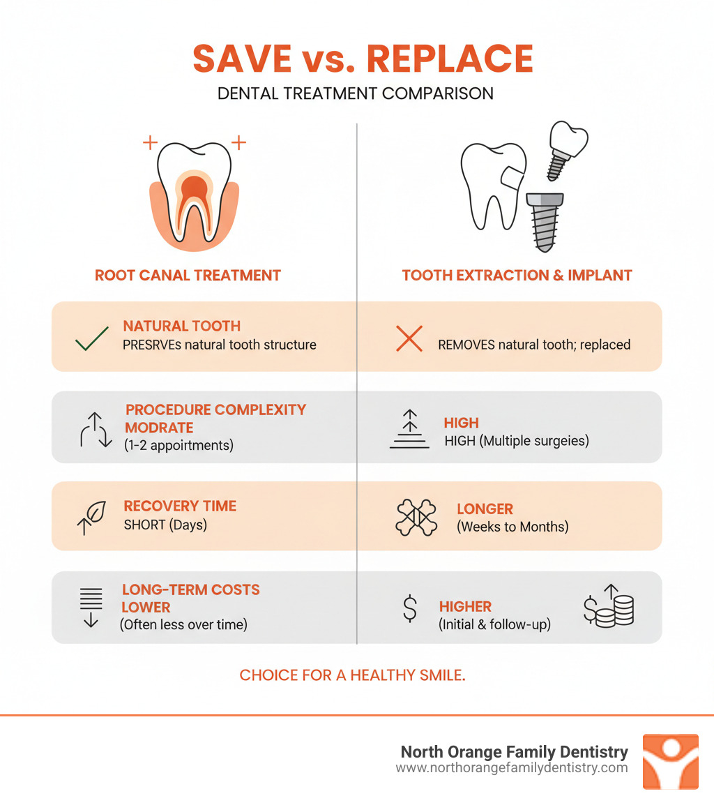 Comparison table showing the benefits and drawbacks of root canal treatment versus tooth extraction with subsequent dental implant placement, highlighting factors like natural tooth preservation, procedure complexity, recovery time, and long-term costs. - root canal procedure explained infographic Comparison table showing the benefits and drawbacks of root canal treatment versus tooth extraction with subsequent dental implant placement, highlighting factors like natural tooth preservation, procedure complexity, recovery time, and long-term costs. - root canal procedure explained infographic