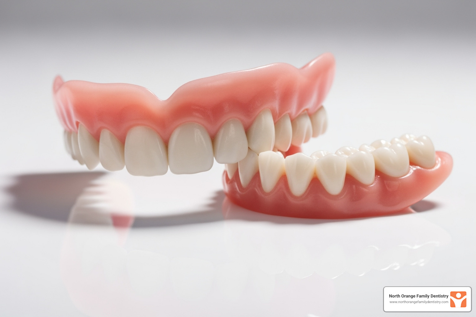 A picture of a proper denture care kit, including a soft-bristled denture brush, a soaking container, and specialized denture cleaning solution - upper dentures