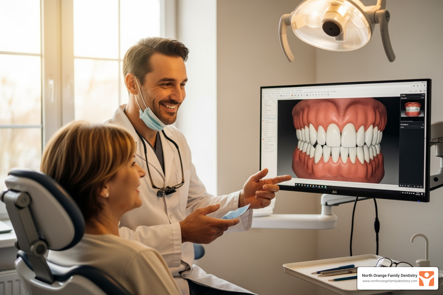 A dentist and patient smiling while looking at a digital denture design on a computer screen - upper dentures