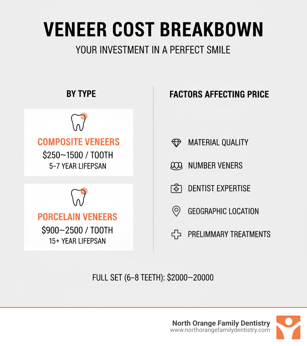 Infographic showing veneer cost breakdown by type: composite veneers $250-$1500 per tooth with 5-7 year lifespan, porcelain veneers $900-$2500 per tooth with 15+ year lifespan, full set costs for 6-8 teeth, and factors affecting price including material quality, number of veneers, dentist expertise, geographic location, and preliminary treatments needed - average cost veneers infographic 