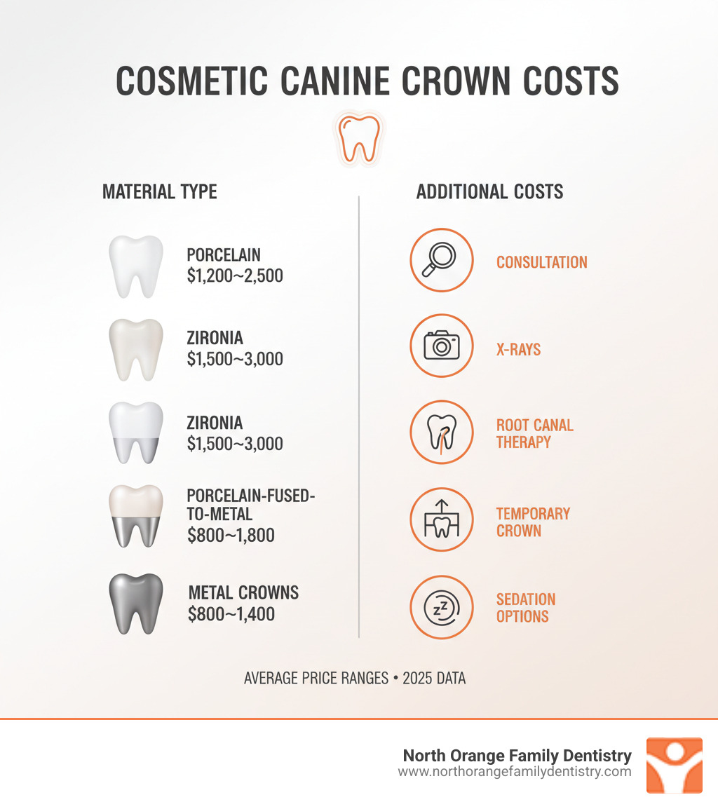 Infographic showing cosmetic canine crown cost breakdown by material type, including average price ranges for porcelain ($1,200-$2,500), zirconia ($1,500-$3,000), porcelain-fused-to-metal ($800-$1,800), and metal crowns ($800-$1,400), plus additional costs for consultation, x-rays, root canal therapy, core build-up, temporary crown, and sedation options - how much are cosmetic canine tooth crowns infographic 