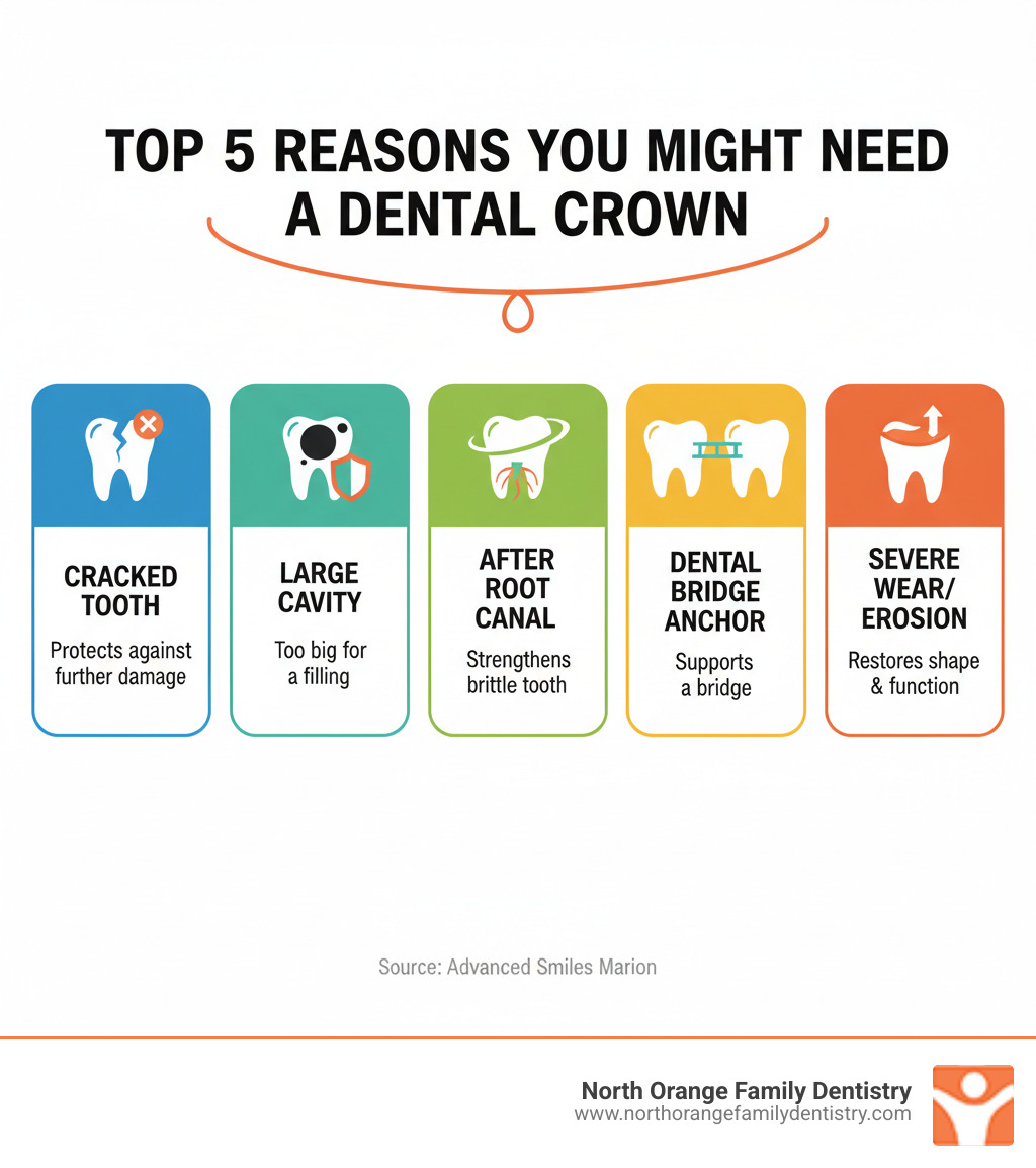 infographic explaining the top 5 reasons you might need a dental crown - tooth crown cost with insurance infographic