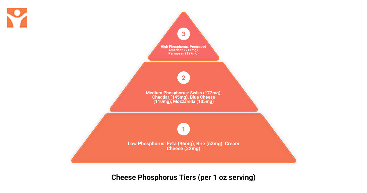 Infographic showing three tiers of cheese arranged by phosphorus content: High (Processed American, Parmesan), Medium (Cheddar, Swiss, Mozzarella), and Low (Cream Cheese, Brie, Feta), with color-coded zones and serving size recommendations for each category - cheese high in phosphorus infographic 3_stage_pyramid