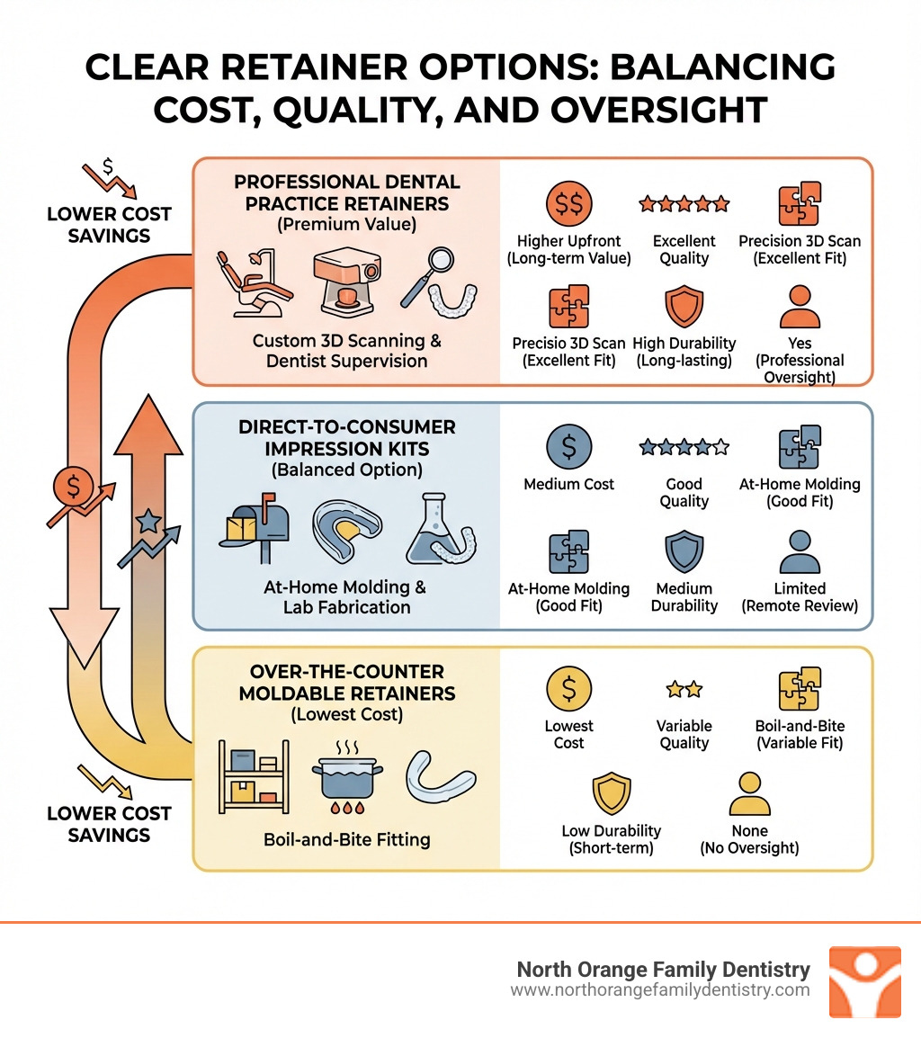 Infographic showing three tiers of clear retainer options: Professional dental practice retainers at the top with custom 3D scanning and dentist supervision, direct-to-consumer mail-in impression kits in the middle with at-home molding and lab fabrication, and over-the-counter moldable retainers at the bottom with boil-and-bite fitting. Each tier includes typical cost range, quality level, fit accuracy, durability rating, and professional oversight status. Arrows indicate trade-offs between cost savings and quality as you move down the tiers. - cheap clear teeth retainers infographic 