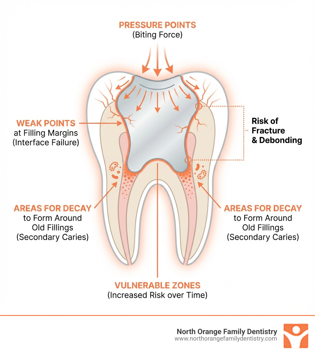 infographic showing tooth anatomy with filling, highlighting weak points at filling margins, pressure points from biting, and areas where decay can form around old fillings - broken tooth after filling infographic 