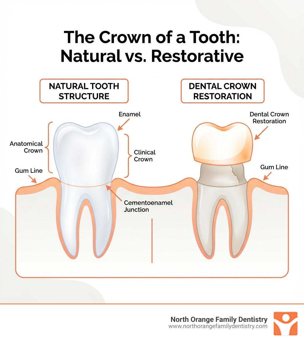 Infographic showing cross-section of a natural tooth with labeled parts including the anatomical crown covered by enamel, the clinical crown visible above the gum line, and a dental crown restoration covering a damaged tooth, with arrows indicating the cementoenamel junction and gum line - crown of tooth infographic 