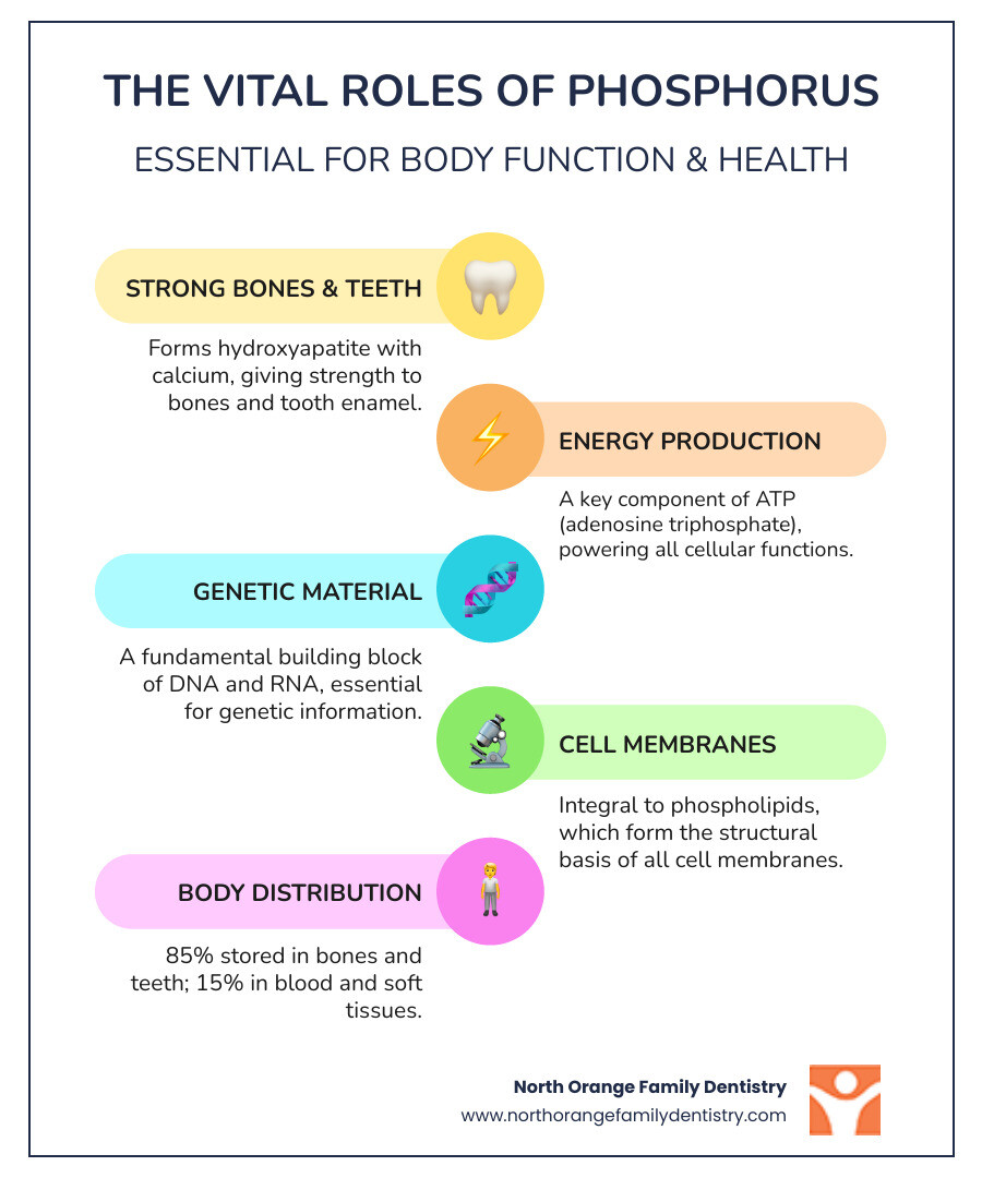 Infographic showing phosphorus distribution in the body: 85% in bones and teeth, 15% in blood and soft tissues, with icons representing its roles in energy production (ATP), DNA/RNA structure, cell membranes, and bone/tooth formation through hydroxyapatite crystals - foods with high levels of phosphorus infographic infographic-line-5-steps-colors