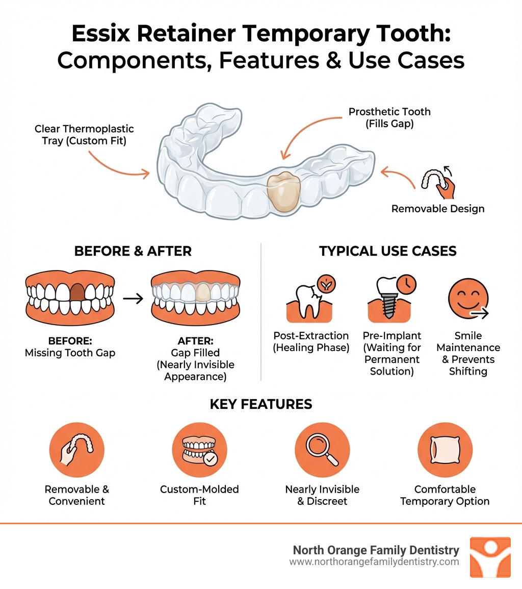 infographic showing essix retainer components: clear thermoplastic tray fitting over teeth, prosthetic tooth filling gap, comparison of before and after appearance, key features including removable design and custom fit, typical use cases including post-extraction and pre-implant phases - essix retainer temporary tooth infographic 