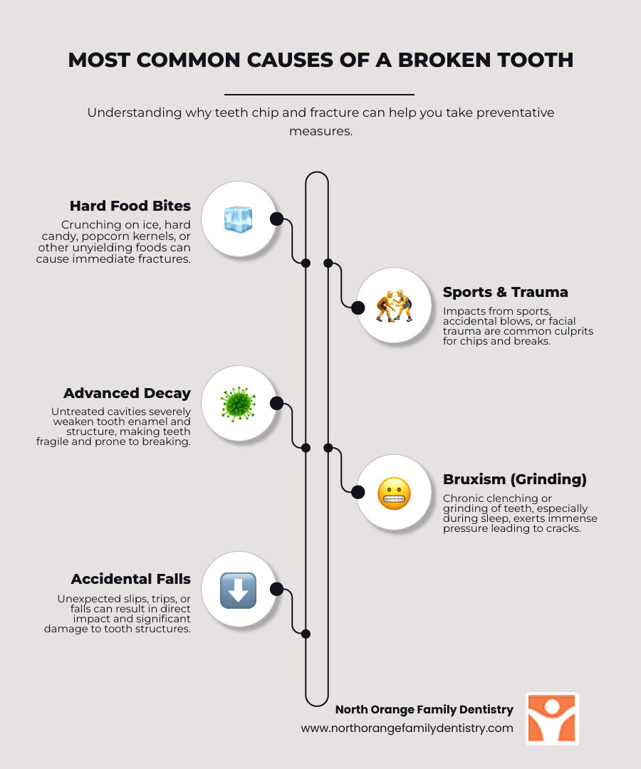 Infographic showing the most common causes of broken teeth including biting hard foods like ice and hard candy, sports injuries and facial trauma, tooth decay weakening enamel, teeth grinding or bruxism, and accidents or falls, with icons representing each cause - broken tooth composite filling infographic infographic-line-5-steps-elegant_beige