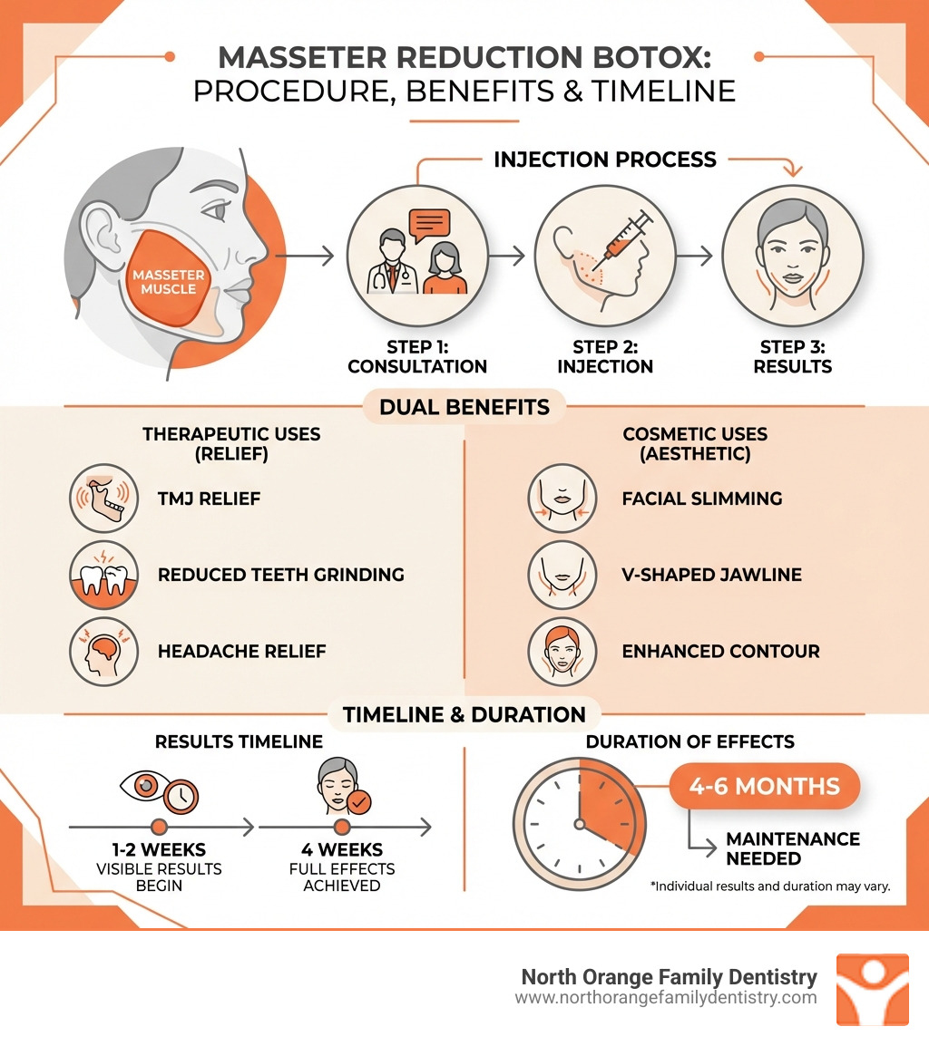Infographic showing the masseter muscle location on the face, the injection process in three steps (consultation, injection, results), dual benefits split between therapeutic uses (TMJ relief, reduced teeth grinding, headache relief) and cosmetic uses (facial slimming, V-shaped jawline), timeline showing results at 1-2 weeks and 4 weeks, and duration of effects lasting 4-6 months with maintenance needed - botox for masseter reduction infographic Infographic showing the masseter muscle location on the face, the injection process in three steps (consultation, injection, results), dual benefits split between therapeutic uses (TMJ relief, reduced teeth grinding, headache relief) and cosmetic uses (facial slimming, V-shaped jawline), timeline showing results at 1-2 weeks and 4 weeks, and duration of effects lasting 4-6 months with maintenance needed - botox for masseter reduction infographic