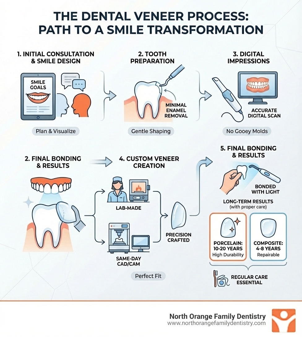 Infographic showing the dental veneer process: initial consultation and smile design, tooth preparation with minimal enamel removal, digital impressions taken, custom veneers created in lab or same-day with CAD/CAM technology, temporary veneers placed if needed, final veneers bonded to teeth with special cement and curing light, and long-term results with proper care lasting 10-20 years for porcelain or 4-8 years for composite - dental veneers near me infographic Infographic showing the dental veneer process: initial consultation and smile design, tooth preparation with minimal enamel removal, digital impressions taken, custom veneers created in lab or same-day with CAD/CAM technology, temporary veneers placed if needed, final veneers bonded to teeth with special cement and curing light, and long-term results with proper care lasting 10-20 years for porcelain or 4-8 years for composite - dental veneers near me infographic