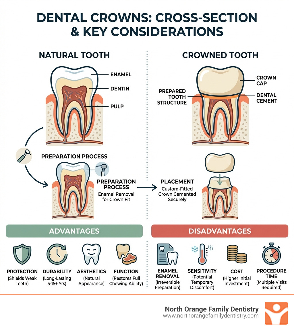Infographic showing a cross-section comparison of a natural tooth versus a crowned tooth, illustrating the tooth preparation process, crown placement over the prepared tooth structure, and labeling key components including the natural tooth enamel, dentin, pulp, crown cap, and dental cement, along with icons representing the main advantages (protection, durability, aesthetics, function) and disadvantages (enamel removal, sensitivity, cost, procedure time) of dental crowns - advantages and disadvantages of dental crowns infographic 