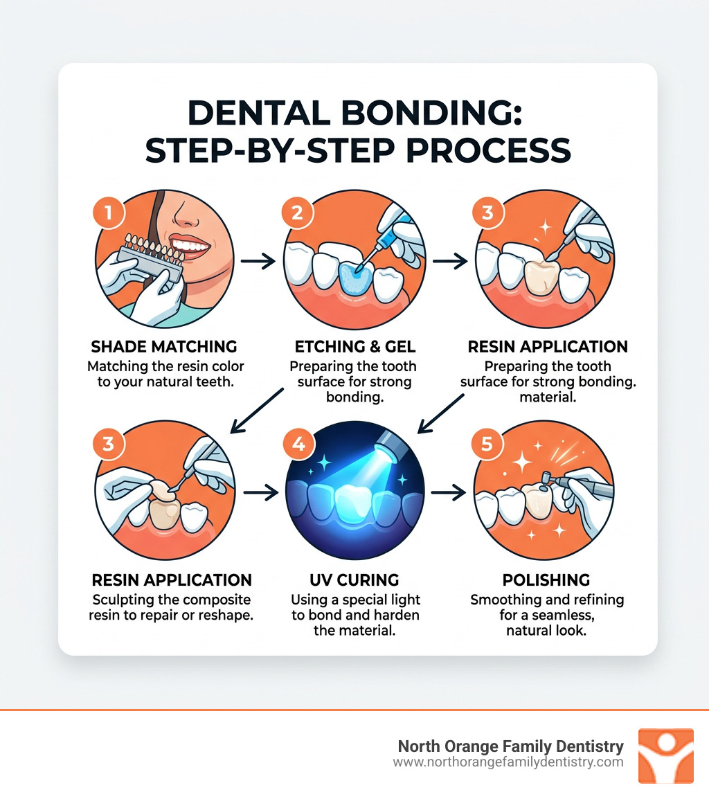 Step-by-step dental bonding process infographic: shade matching, etching, resin application, UV curing, polishing - best