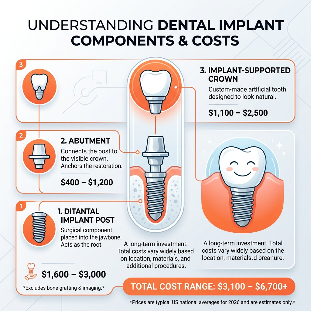 Infographic showing the three parts of a dental implant: post, abutment, and crown with typical cost ranges - cheapest