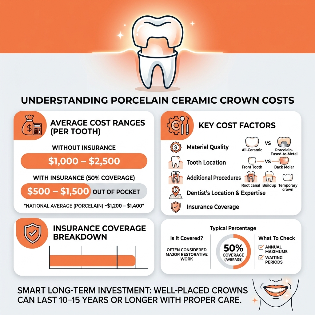 Infographic showing porcelain ceramic crown cost ranges, key cost factors, and insurance coverage breakdown - cost of