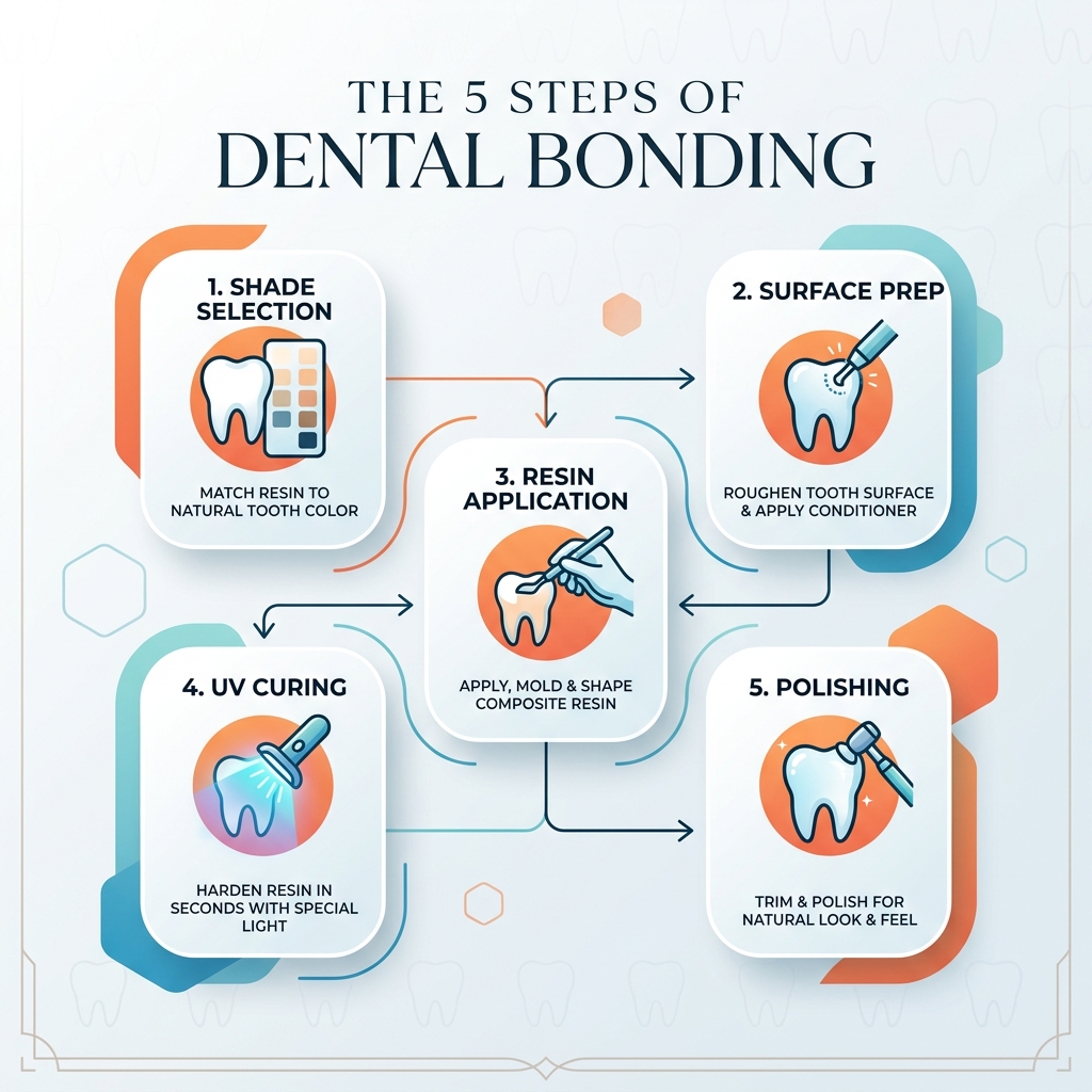 Infographic showing the 5 steps of dental bonding: shade selection, surface prep, resin application, UV curing, and