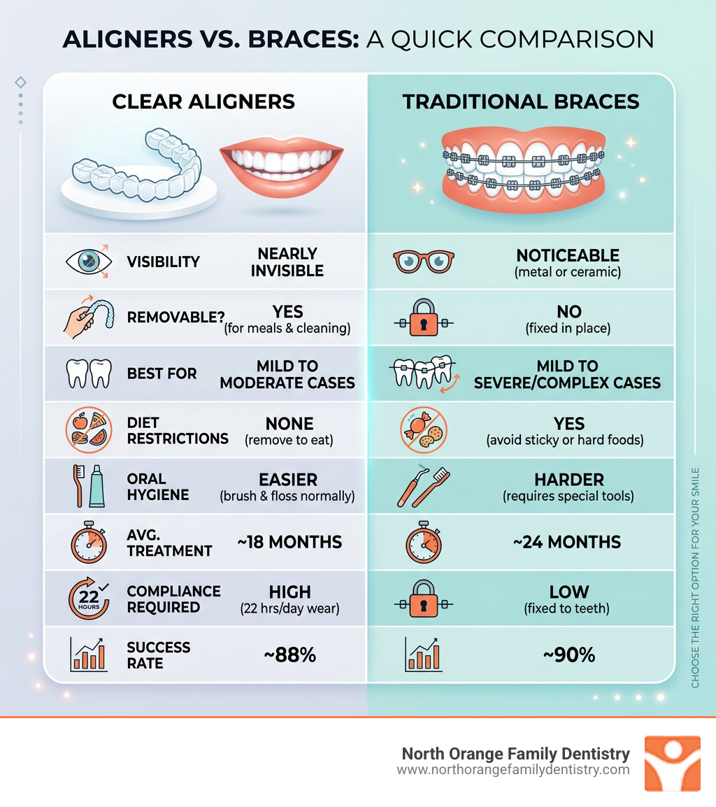 side-by-side infographic comparing clear aligners and traditional braces on key factors - aligners vs braces infographic side-by-side infographic comparing clear aligners and traditional braces on key factors - aligners vs braces infographic