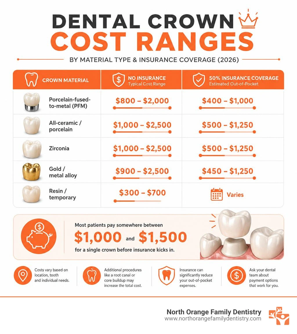 Infographic showing dental crown cost ranges by material type and insurance coverage scenarios infographic