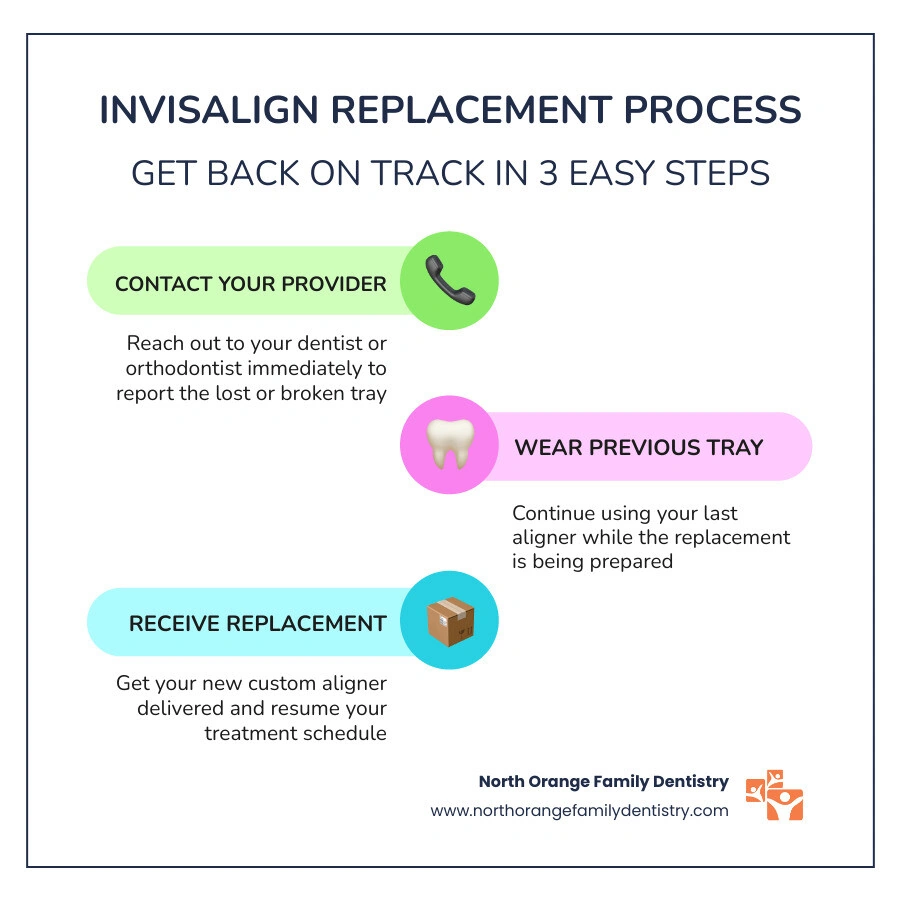 3-step Invisalign replacement process: contact provider, wear previous tray, receive replacement infographic