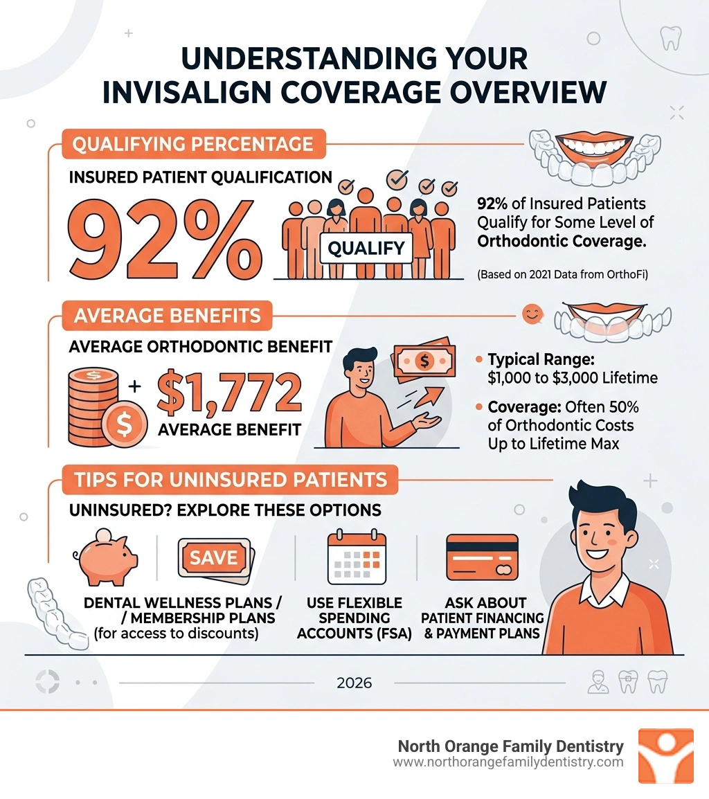 Infographic showing Invisalign coverage overview: average benefits, qualifying percentage, and tips for uninsured patients
