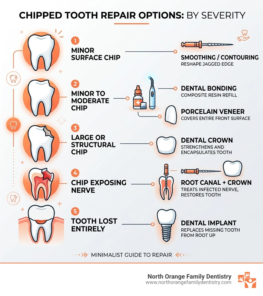 Infographic showing chipped tooth repair options from minor smoothing to implants by severity level infographic